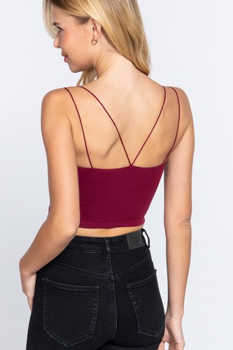 Women Round Neck Two Ply Knit Cami Crop Top Double Elastic Strap - Picture 17 of 86