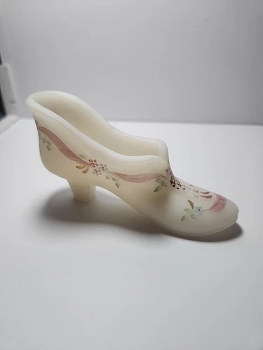 Vintage Fenton Uranium Glass Shoe Custard Satin Hand Painted By D. Yevel