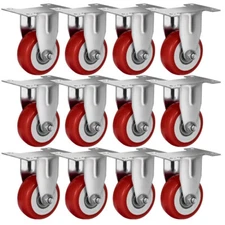 12 Pack 2" Rigid Fixed Polyurethane Red Non Swivel Caster Wheels