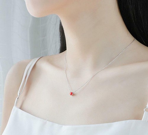 Silver Tiny Red Love Heart Jewelry Set: Necklace+Earring+Ring - Picture 4 of 7