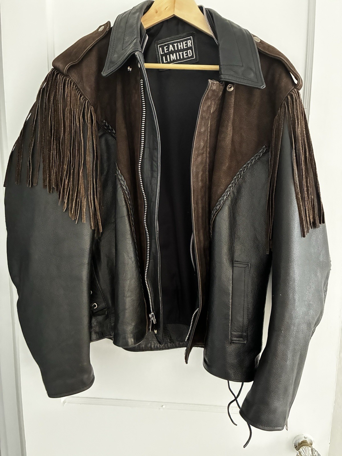 Vintage Black Brown Leather Biker Western Jacket Distressed Moto Bomber Fringe