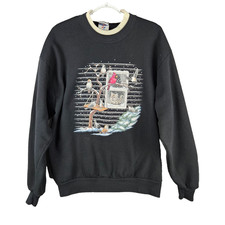 Vintage Whim Cat Bird Winter Scene Sweatshirt Womens L USA Made Black Jerzees