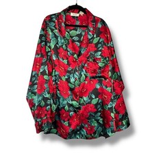 Vintage Victoria  s Secret Gold Label Button Up Holiday Floral Satin Pajama Top L