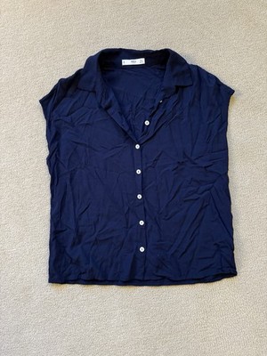 MANGO Sleeveless Collared Button Blouse Navy Blue Solid Women's Size S