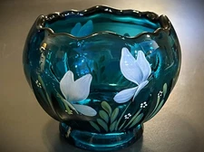 Fenton Art Glass Butterfly Minuet Turquoise Blue Rose Bowl.