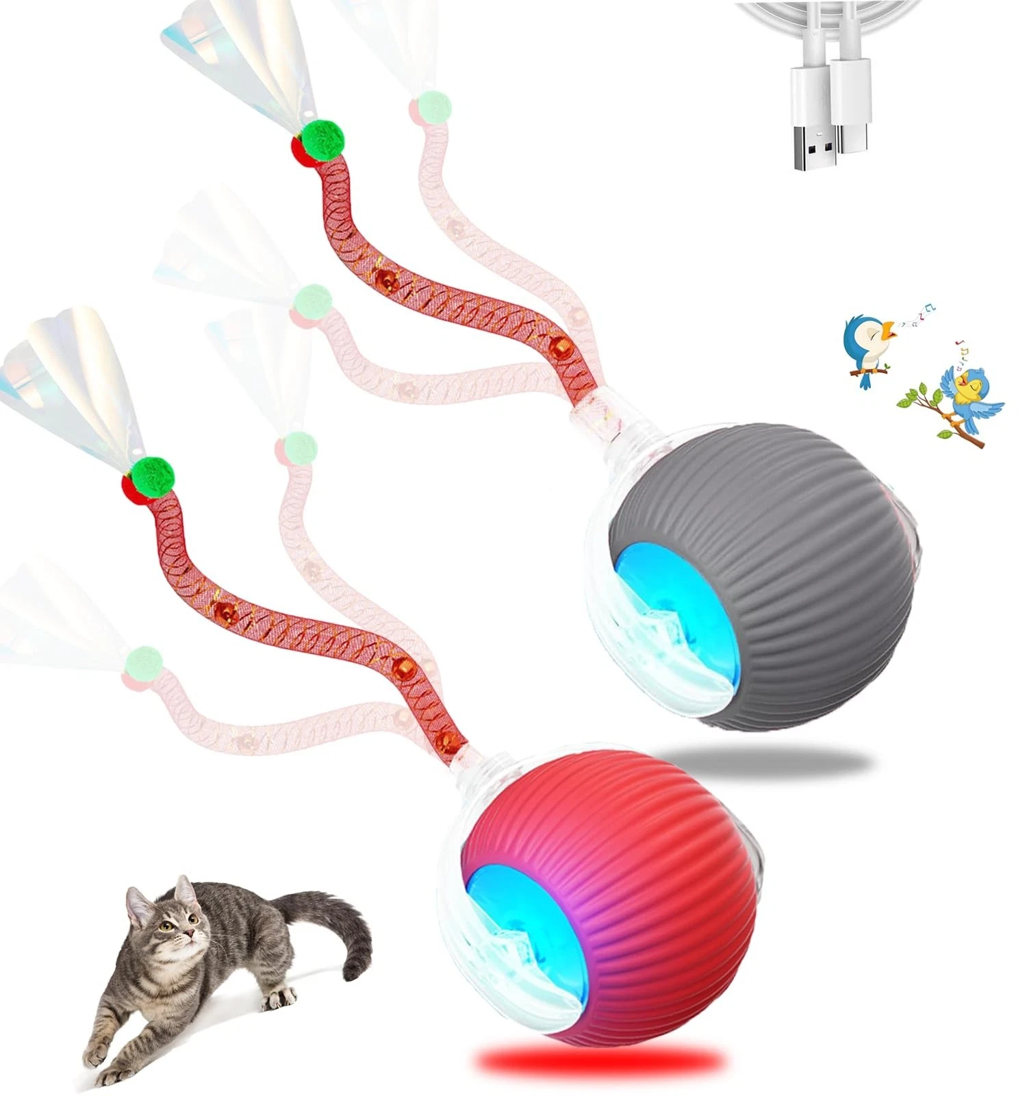 2PCS Interactive Cat Toys - Automatic Chirping Ball with Elastic Tail for Indoor