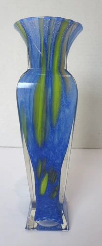 Lavorazione Arte Murano Made In Italy Handblown Swirl Vase Blue Green Yellow 8"
