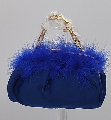 After Dark Glam Cobalt Flame Feather Satin Evening Bag Gold Chain Handle Clutch