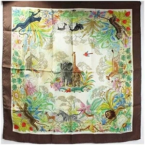 GUCCI Ancienne écharpe Gucci en soie Vittorio Accornero motif animal marron multicolore