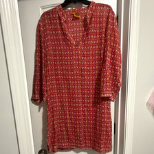 Tory Burch Pink Orange White Geometric Silk Shift Dress V-Neck 3/4 Sleeve M
