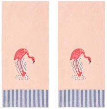 Celebrate Summer Flamingo Embroidered Beach Cottage Cotton Bath Hand Towels 2pk