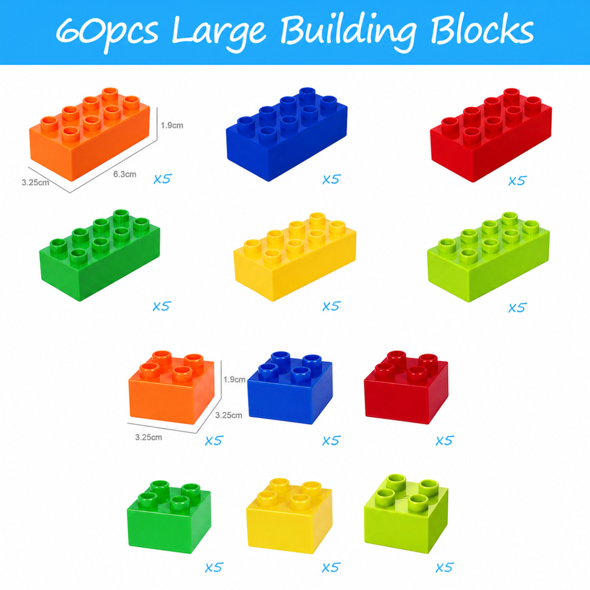 60 pz mattoncini grandi set 6 colori 2 misure per bambini giocattoli per Duplo NUOVO foto 5
