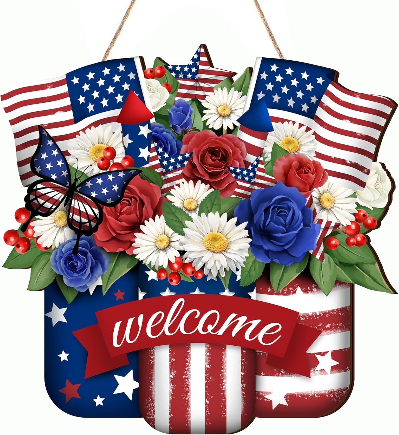 как выглядит 4Th of July Door Sign Independence Day Wreath Patriotic Door Decoration Flower U фото