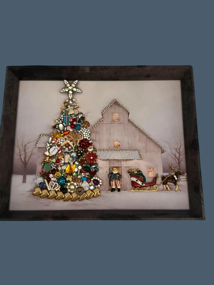 Original Designs Christmas Jewelry Tree Barn Scene Framed Art Mixed Media 15"x12 - Image 2 of 4