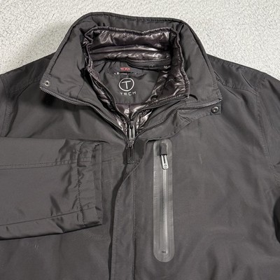 Tumi T-Tech Rain Coat Mens Large Black Hooded Insulated Waterproof Zip Pockets