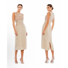 Mac Duggal 10509 Midi Sequin Sheath Dress High Neck Sleeveless Nude Size 4 NWT