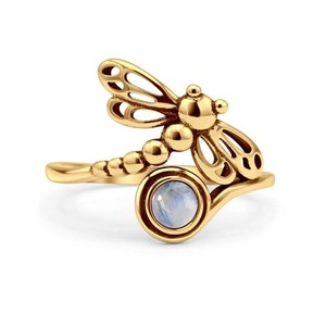Authentic Rainbow Moonstone Filigree Dragonfly Adjustable Birthstone Silver Ring For Women