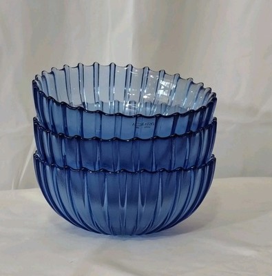 Set Of 3 Kosta Boda Cosmos Ribbed Glass Bowls Blue Salad Dessert NEW w/ Sticker