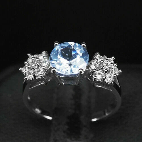 Acquamarina Aqua Blue Round 1.90 CT. Zaffiro 925 Argento Sterling Anello Taglia  - Immagine 2 di 2