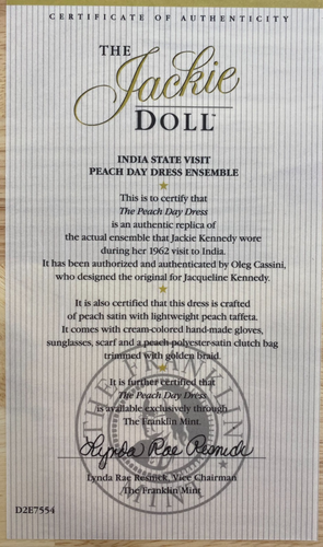 Franklin Mint~Jackie Doll Accessories~PEACH DAY DRESS~INDIA VISIT~NIB w/Papers - Picture 15 of 16