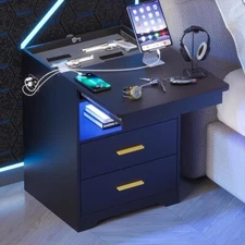 Gurexl LED Nightstand with Gun Drawer, Modern Beside Table with Charging Station