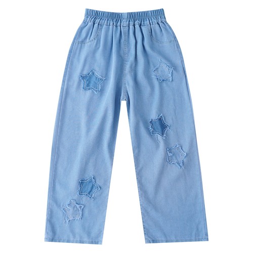 Kids Girls Trousers Hip Hop Jeans Outdoor Denim Pants Star Patches Flared Jeans - Picture 17 of 25