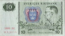 SWEDEN BANKNOTE 10 P52e 1980 GVF SER EG PREFIX H