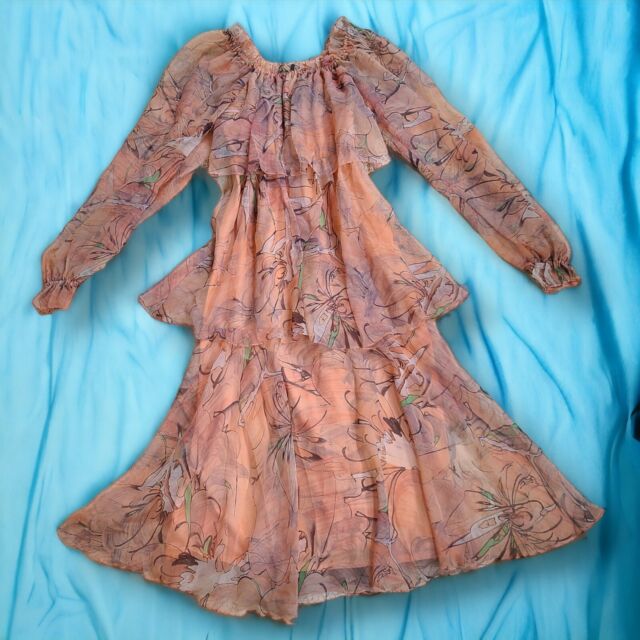 Vintage 1970s Tiered Ruffle Chiffon Dress Peach Orange Fairy Princess Floral