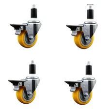 3.5 Inch Yellow Poly Swivel 1-3/8 Inch Expanding Stem Caster Set with Brake SCC