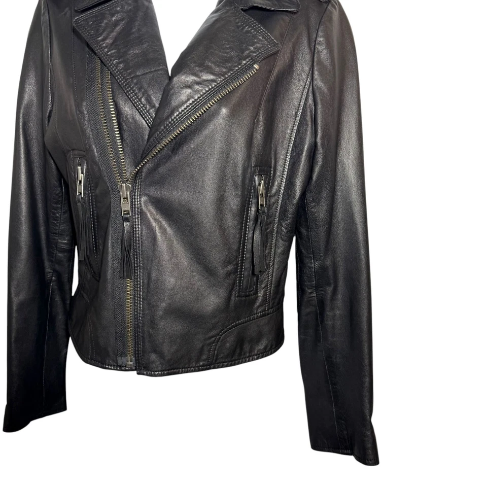 Chaqueta de moto de cuero de cordero JOIE Leolani negra talla pequeña suave mantecosa Foto 3 de 4