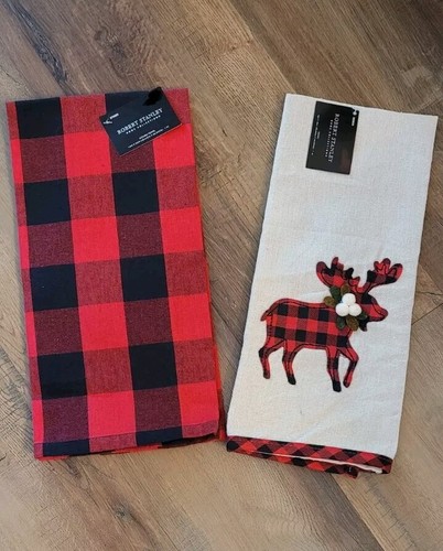 2) Robert Stanley Weihnachten Handtücher Büffel kariert & Hirsch 16" x 26" Neu! - Bild 1 von 5