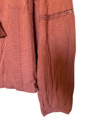 Lucky Brand Women's Boho Blouse Top Long Sleeve Cotton Modal w/Lace Size S Brick - Picture 5 of 8