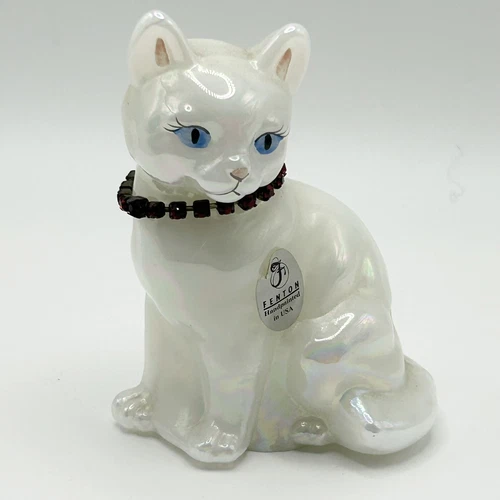 Fenton Cat Blue Collar Glass Figurine Signed K Sponsler Hand Painted