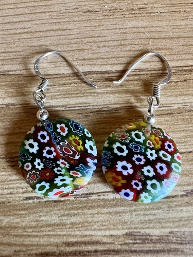 Carini Orecchini Pendenti Arte Millefiori Gancio Goccia Argento Sterling Perline Rotonde Fiori - Foto 3 di 6
