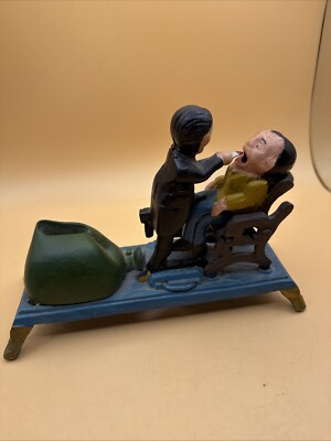 Vintage Dentist Pulling Teeth Mechanical Cast Iron Repro Coin Bank Taiwan