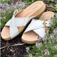Clarks Reileigh May White Leather Slide Sandals