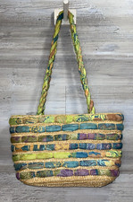 Vintage Blue Miami Multicolor Woven Fabric Braid Straw Handbag Purse Blue Green