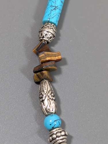 Blue Faux Turquoise Tigers Eye Stone Chip Beaded Toggle Necklace Boho Western - Picture 7 of 9