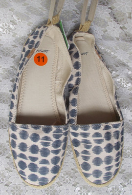 SANUK FLATS Beige - Blue Dots Canvas Ankle Ties Jute Detail, Women' 11, NEW