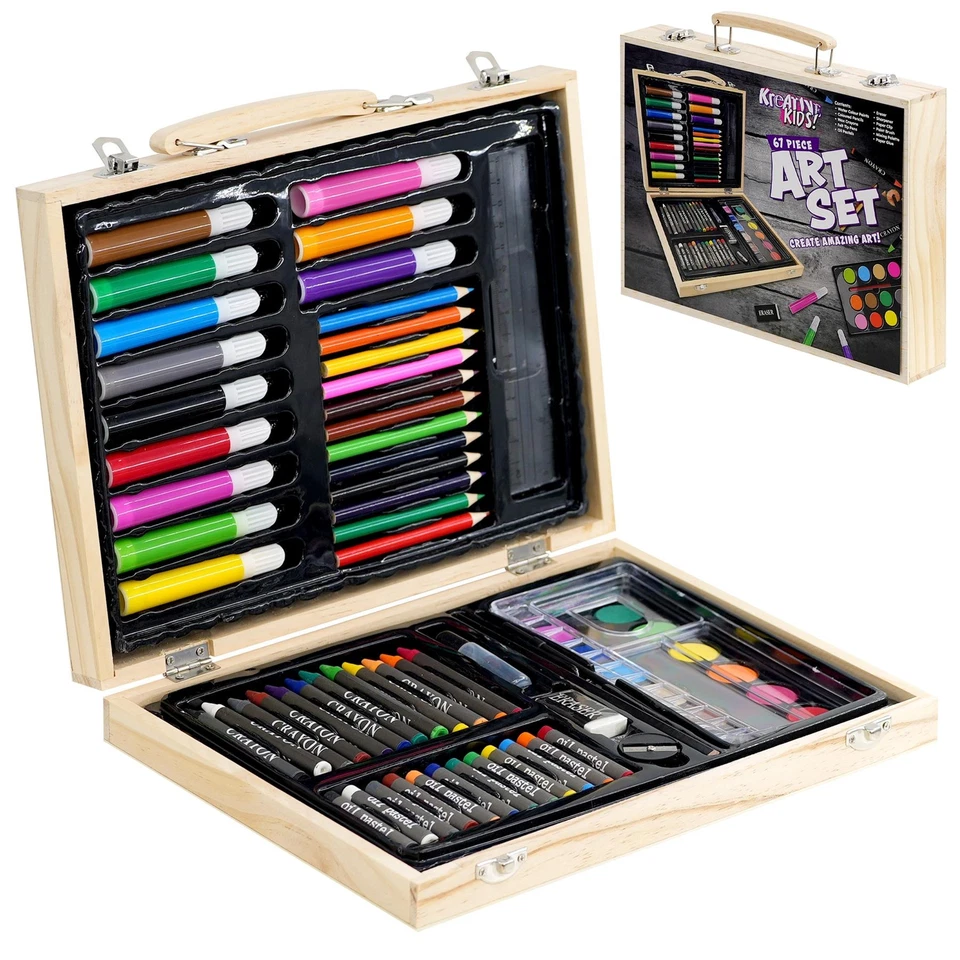 Art Set in a Wooden Case Kid Sturdy Box 67 Pieces of Pencils Pens Crayons Paints