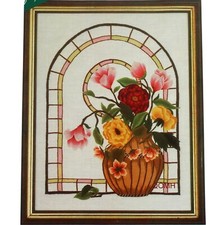 Elsa Williams Vintage Crewel Embroidery Kit Stained Glass Flowers NO YARN!