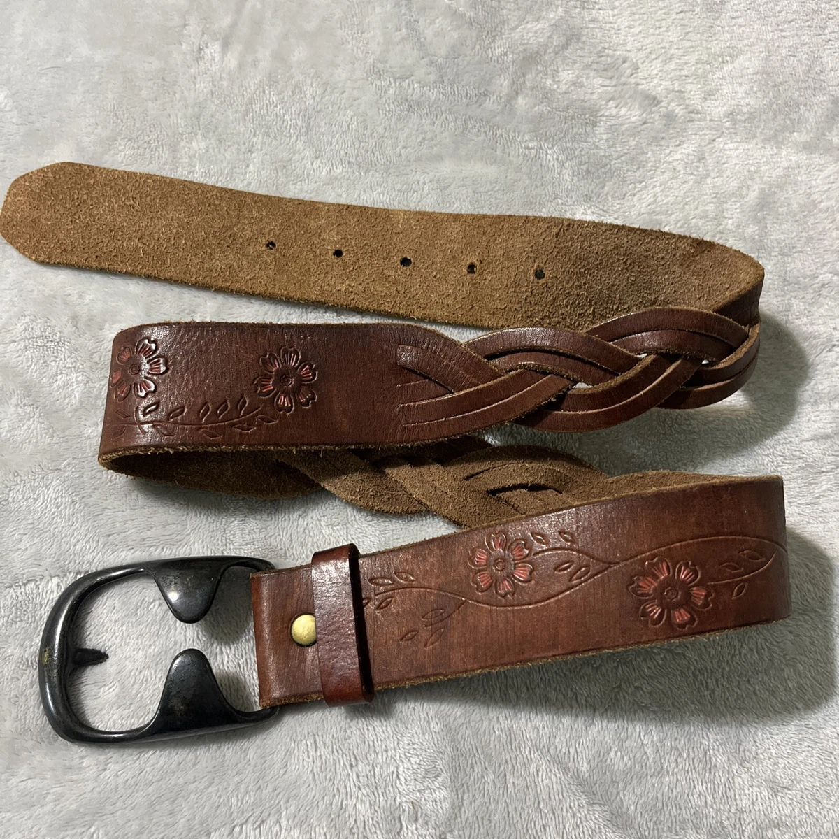 Abercrombie & Fitch Belt Small Y2K Vintage Western Floral Leather Brown Rustic Brown Leather Woven Belt - Abercrombie & Fitch - Boho  main image 4