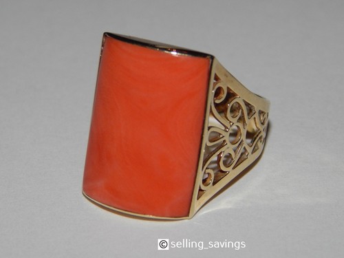 14K YELLOW GOLD LARGE CORAL FILIGREE HIGH SITTING RING -SIZE 6.75 - Picture 5 of 7