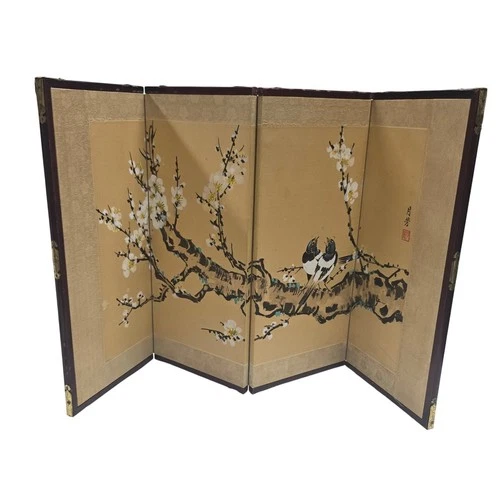 Vintage Asian 4 Panel Folding Tabletop Screen Bird Cherry Blossom Silk Art