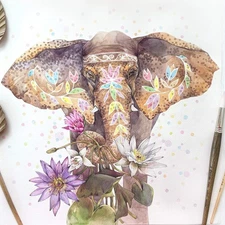 Original Watercolor Elsie the Elephant 17x17 Painting Unique Artwork Wall Art