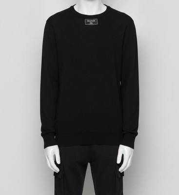 Balmain Men's Black Wool Rib-Knit Layered Logo Patch Crewneck Sweater Size S