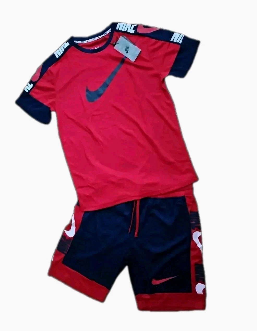 NIKE MEN'S SWOOSH MESH SET DRY FIT SHORTS & T SHIRT SIZE Small(32×9)Navy/ Red.
