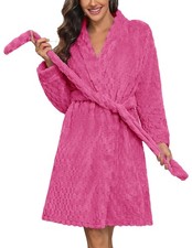 Womens Plush Robe Soft Knee Longth Fleece Bathrobe Short Fleece Pink House Co...