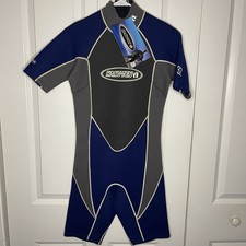 NWT Hang Ten Mens Shorty Wetsuit Blue Gray Size Small Slim Short Sleeve Shorts