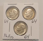 Lot of 3 ~ 1964P 90% Silver ~ Great Condition Roosevelt Dimes. FREE SHIPPING!!